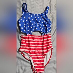 Art Class girls Blue and Red Star Striped Swimsuit L 10/12